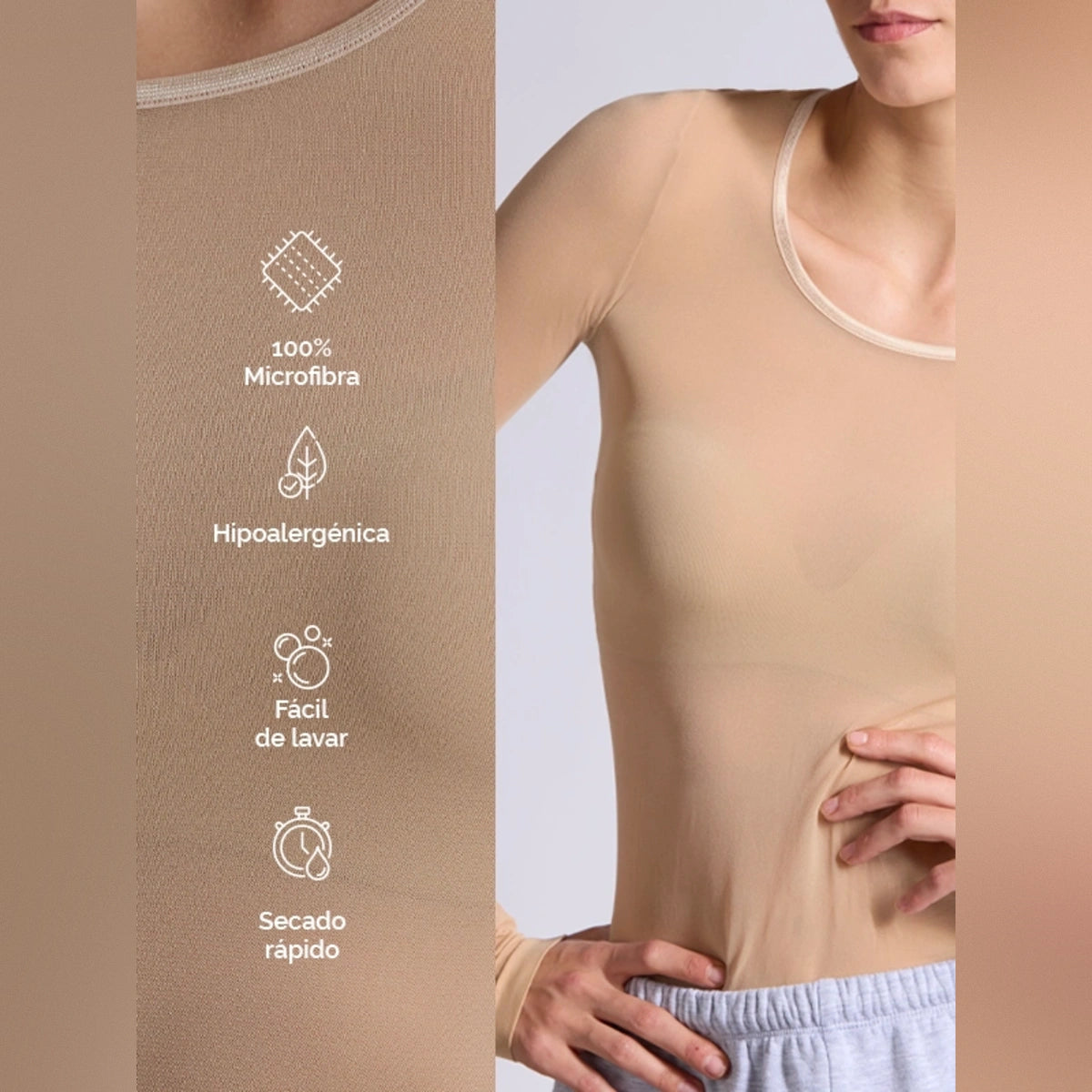 Camiseta térmica básica beige manga larga para Mujer