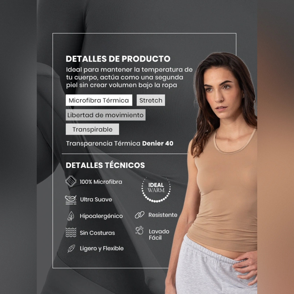 Camiseta térmica básica beige sin manga para Mujer
