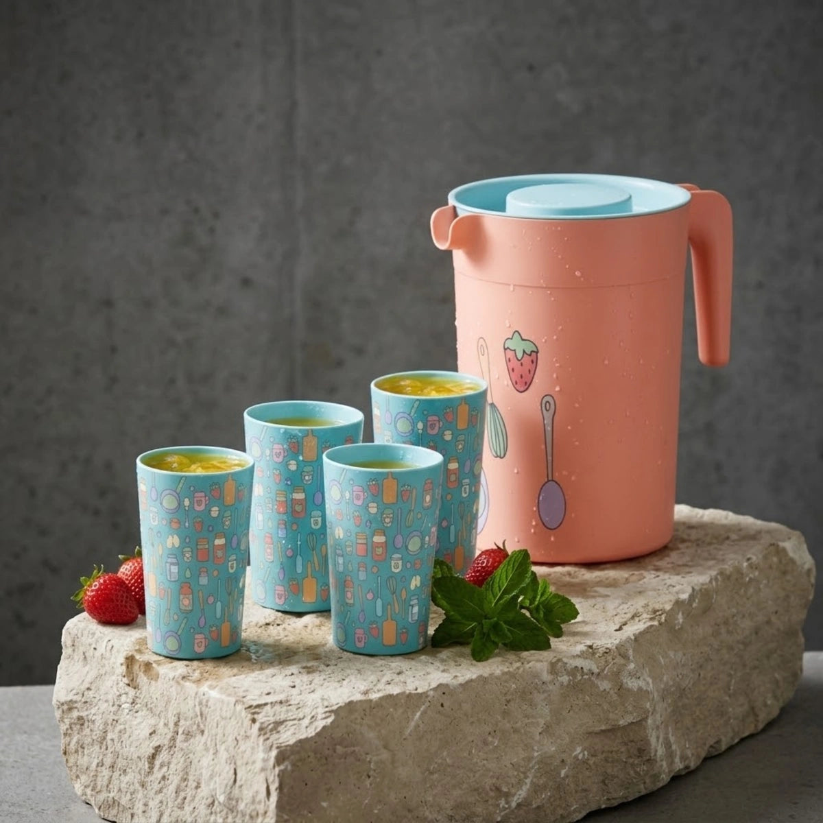 Juego Sweet Multicolor | Jarra de 2 litros con tapa y 4 vasos  de 280 ml