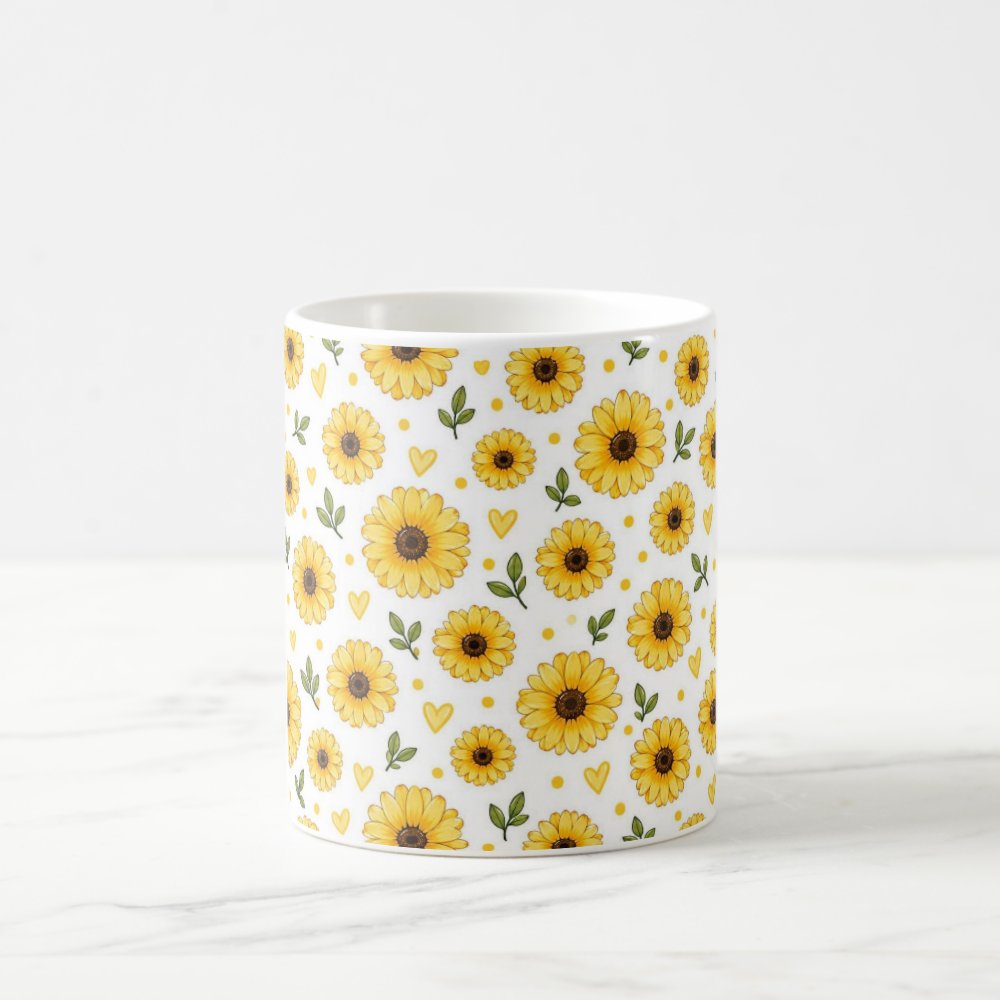 Taza Flores Amarillas 21 de Septiembre Patrón de Girasoles y Corazones