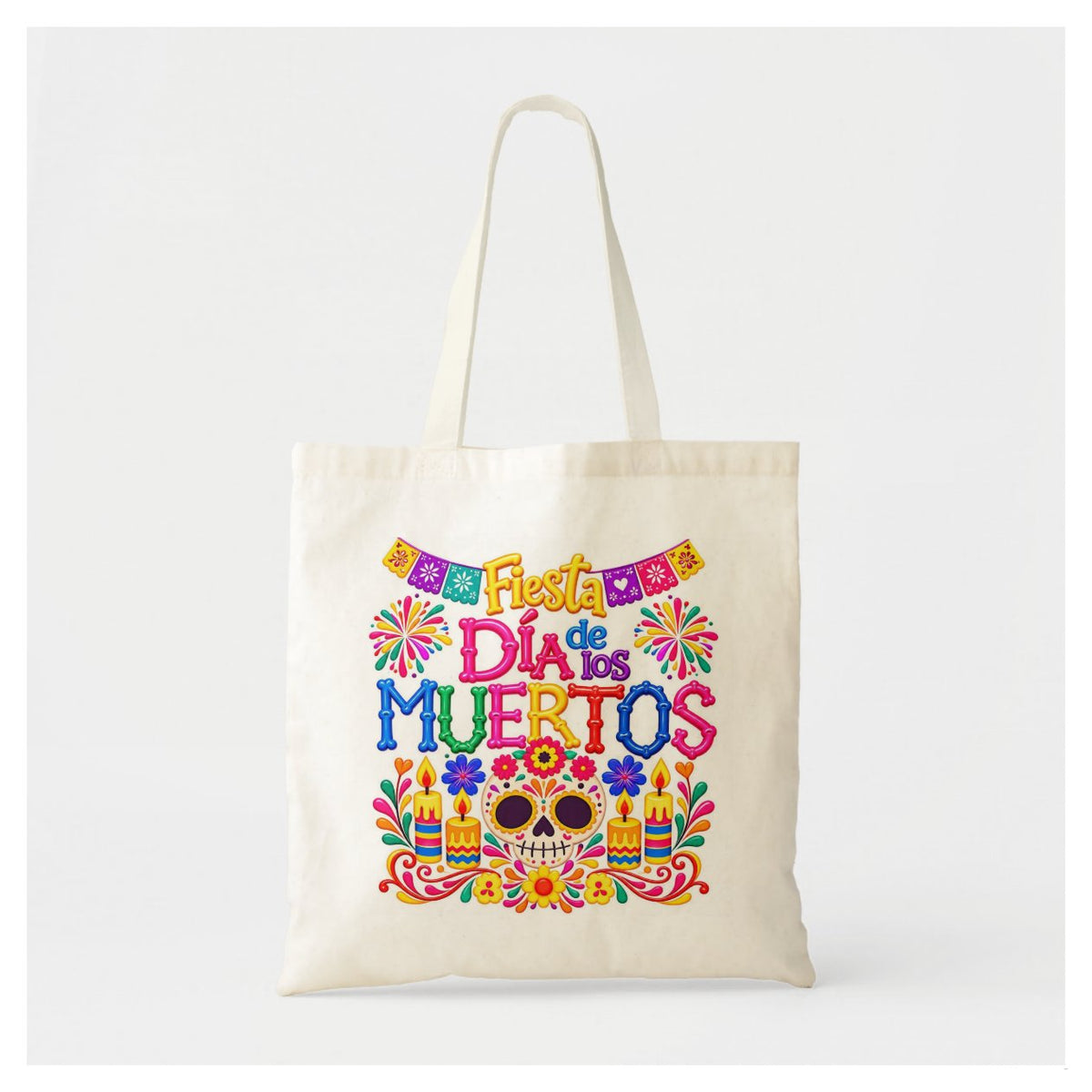 Bolsa tote "Fiesta de Día de Muertos" con diseño colorido de calavera y papel picado - 35x40 cm