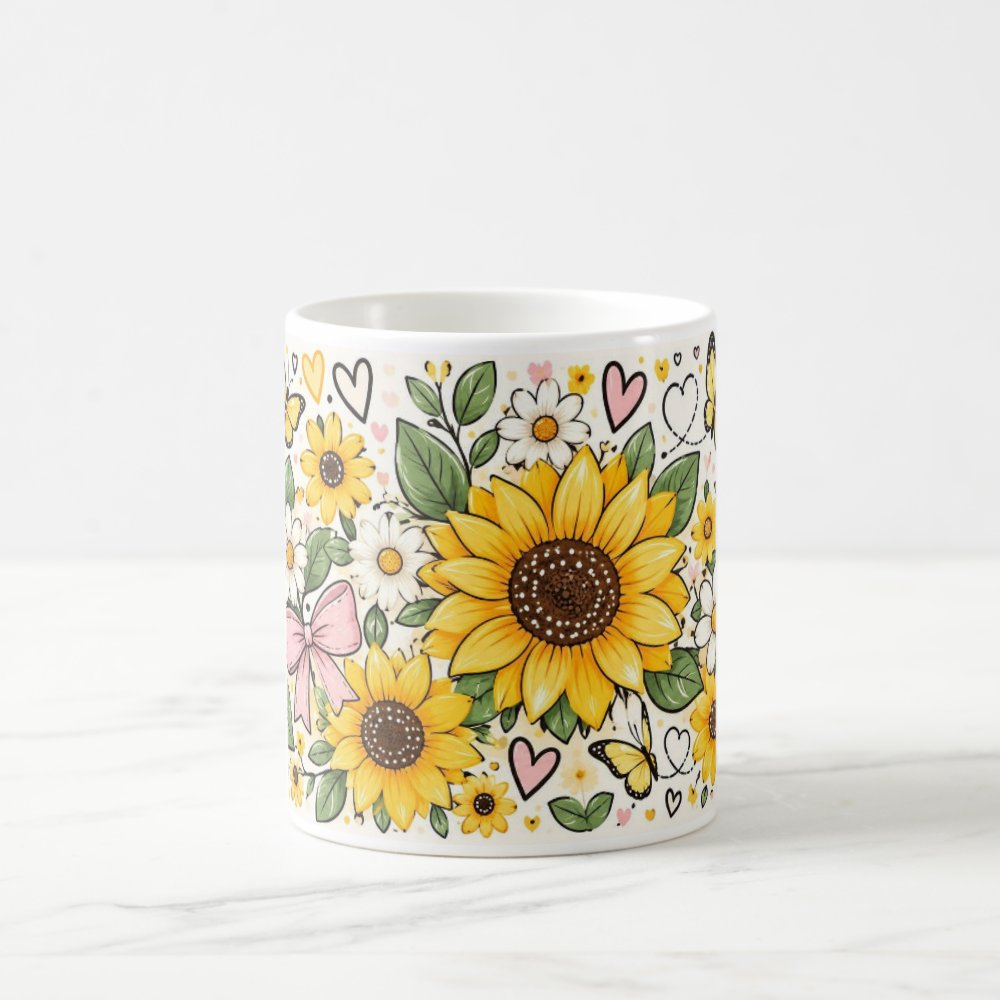 Taza Flores Amarillas 21 de Septiembre Girasoles Mariposa y Moño - 325 ml