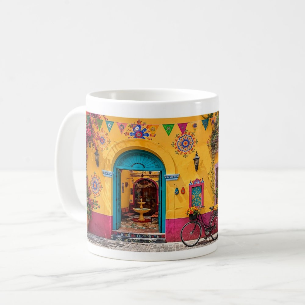Taza Fachada Colonial Mexicana Colorida Con Bicicleta 325 ml