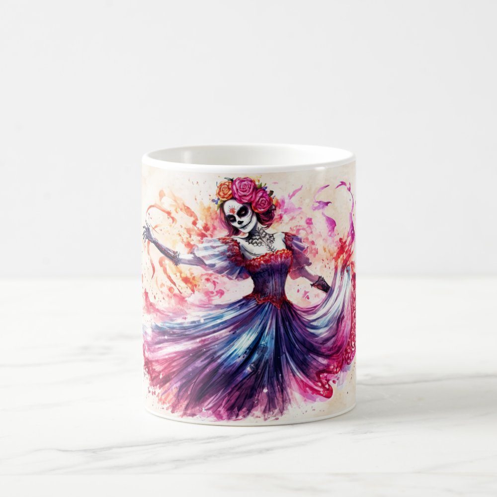Taza Catrina Danzante Acuarela Día de Muertos Cerámica - 325ml