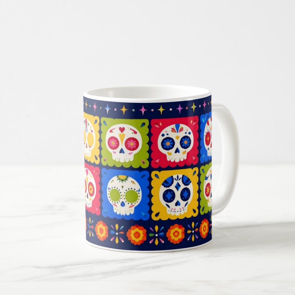 Taza Calaveritas Coloridas Papel Picado Día de Muertos - 325ml