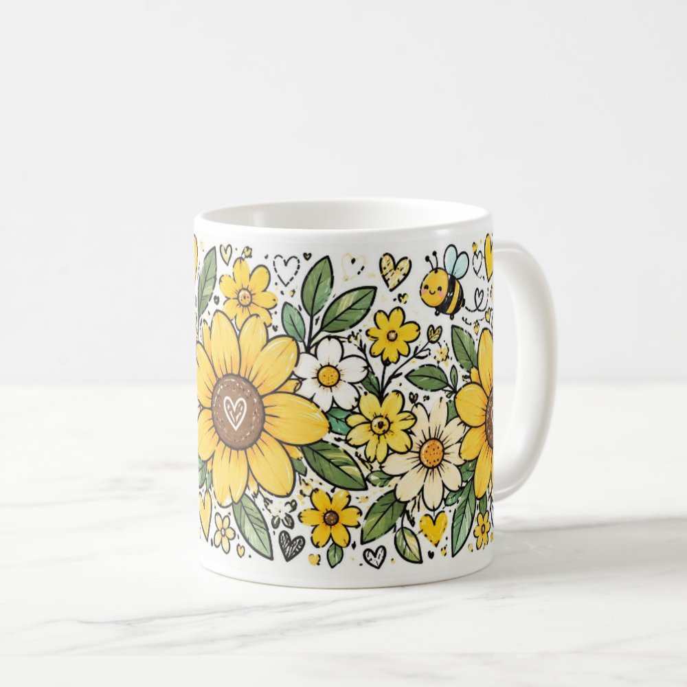 Taza Flores Amarillas 21 de Septiembre Girasoles y Abejita - 325 ml