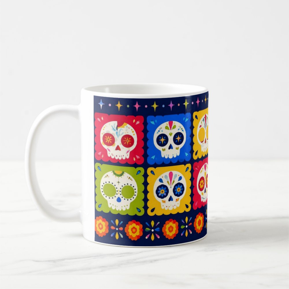 Taza Calaveritas Coloridas Papel Picado Día de Muertos - 325ml