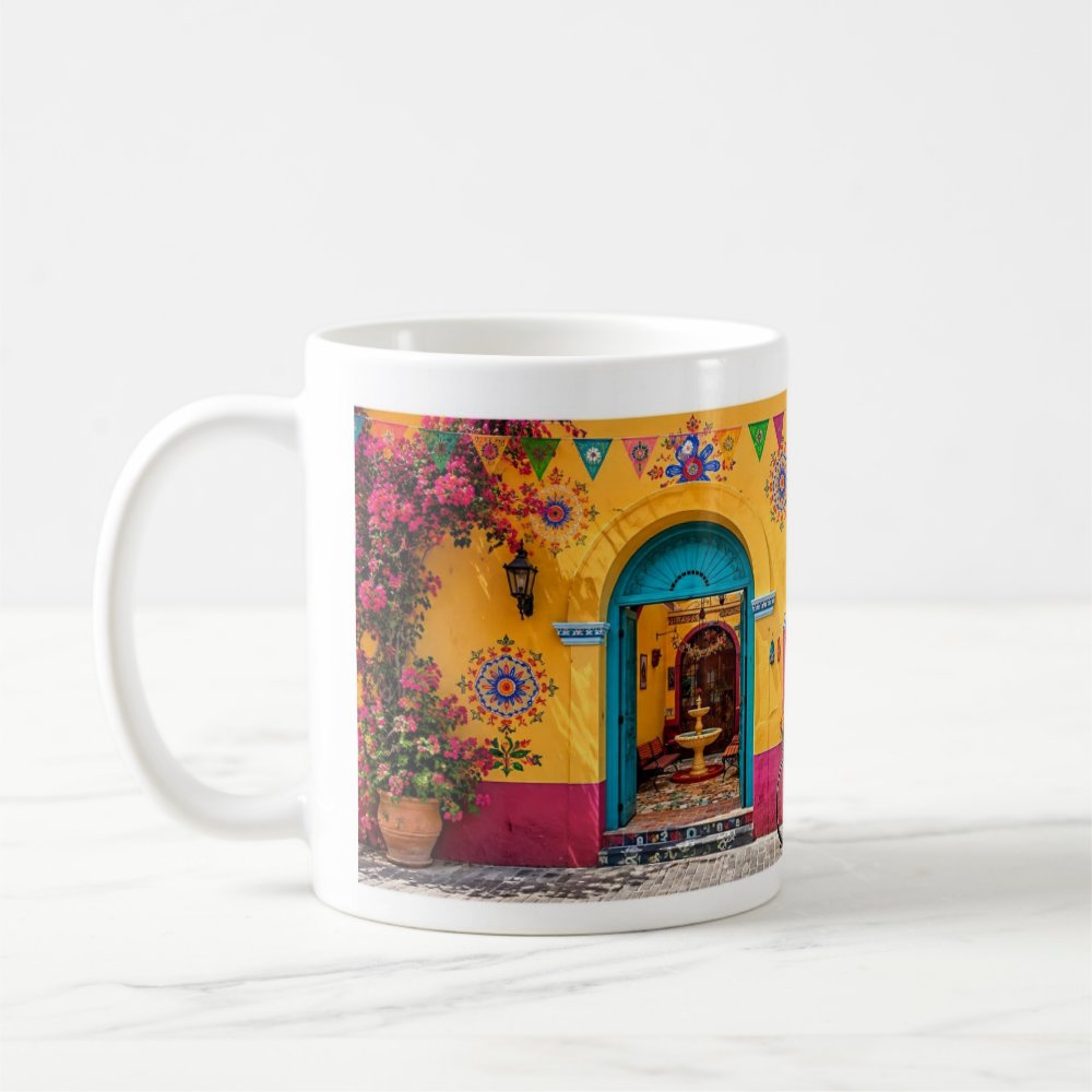 Taza Fachada Colonial Mexicana Colorida Con Bicicleta 325 ml