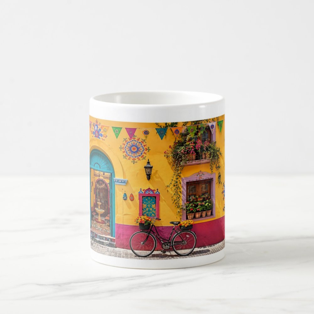 Taza Fachada Colonial Mexicana Colorida Con Bicicleta 325 ml