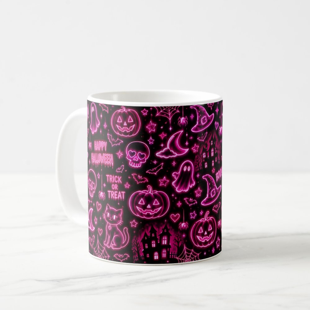 Taza Halloween Neón Rosa Patrón Espeluznante Cerámica - 325ml