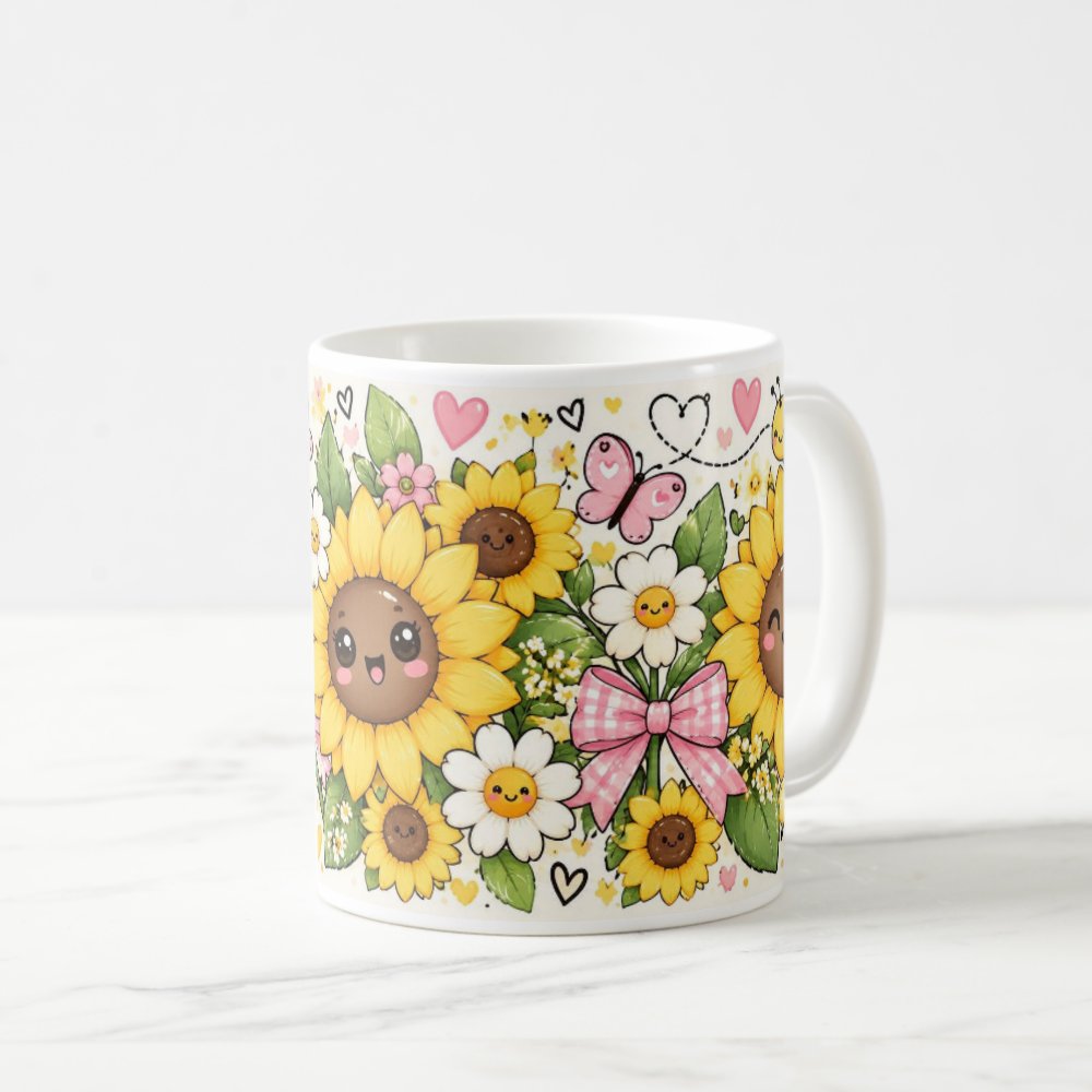 Taza Flores Amarillas 21 de Septiembre Girasoles Kawaii y Mariposa - 325 ml