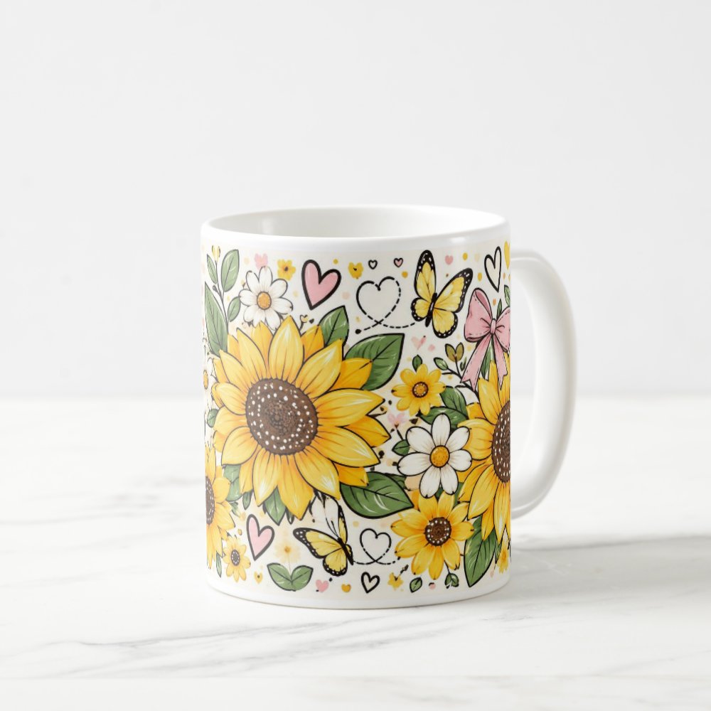 Taza Flores Amarillas 21 de Septiembre Girasoles Mariposa y Moño - 325 ml