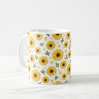 Taza Flores Amarillas 21 de Septiembre Patrón de Girasoles y Corazones