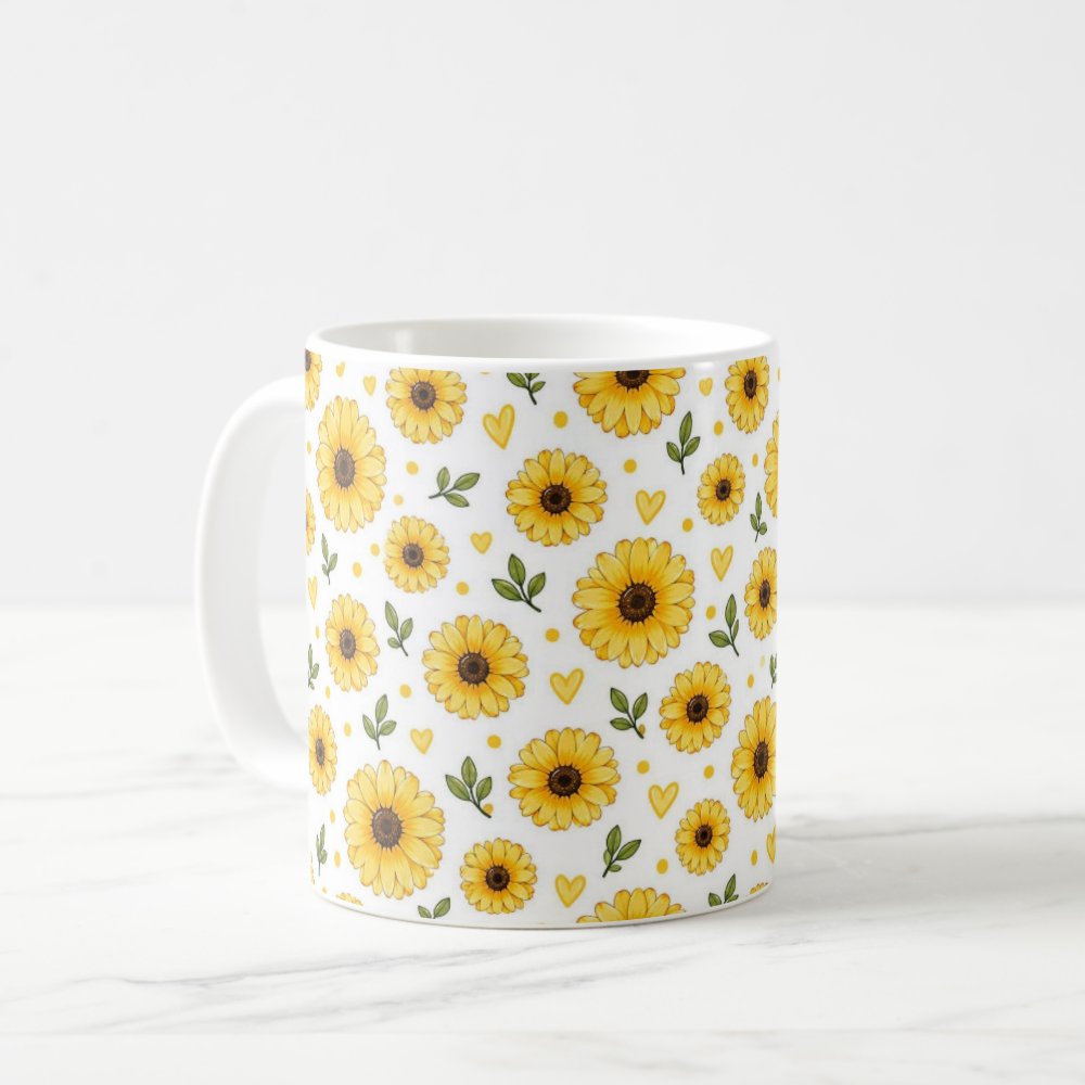 Taza Flores Amarillas 21 de Septiembre Patrón de Girasoles y Corazones