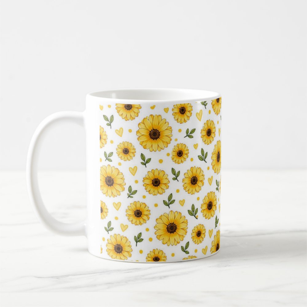 Taza Flores Amarillas 21 de Septiembre Patrón de Girasoles y Corazones