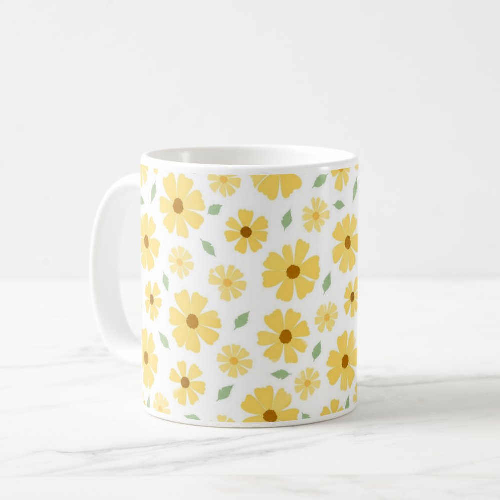 Taza Flores Amarillas 21 de Septiembre Patrón Floreado Estilo Acuarela