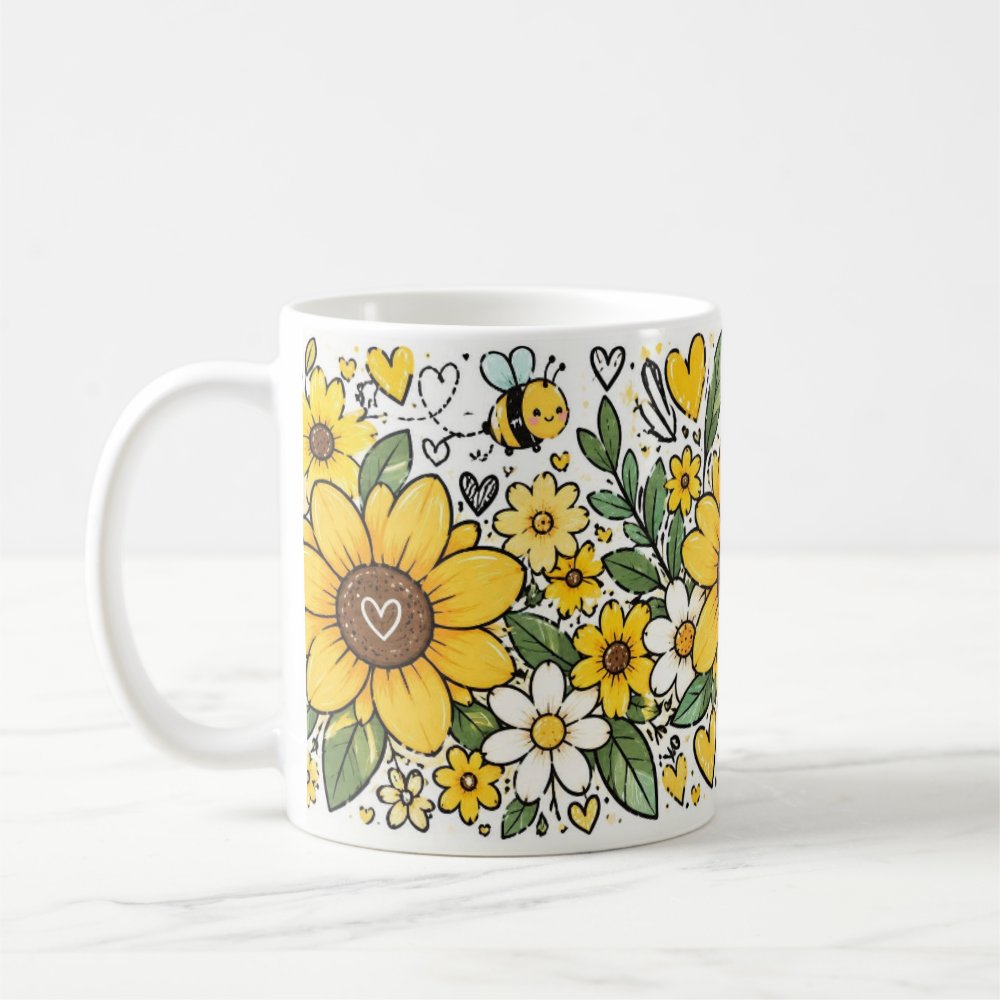 Taza Flores Amarillas 21 de Septiembre Girasoles y Abejita - 325 ml