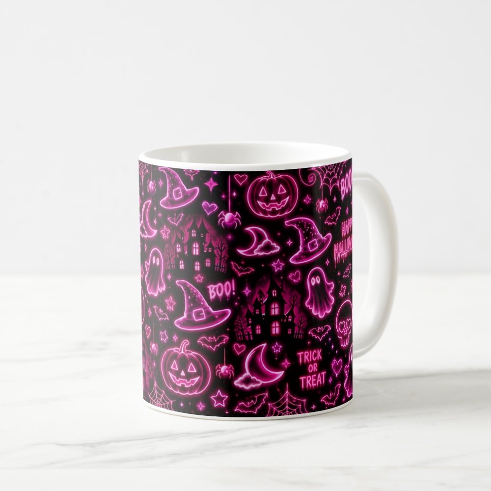 Taza Halloween Neón Rosa Patrón Espeluznante Cerámica - 325ml