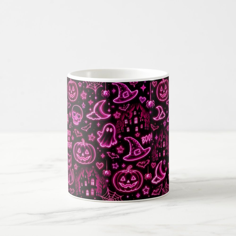Taza Halloween Neón Rosa Patrón Espeluznante Cerámica - 325ml
