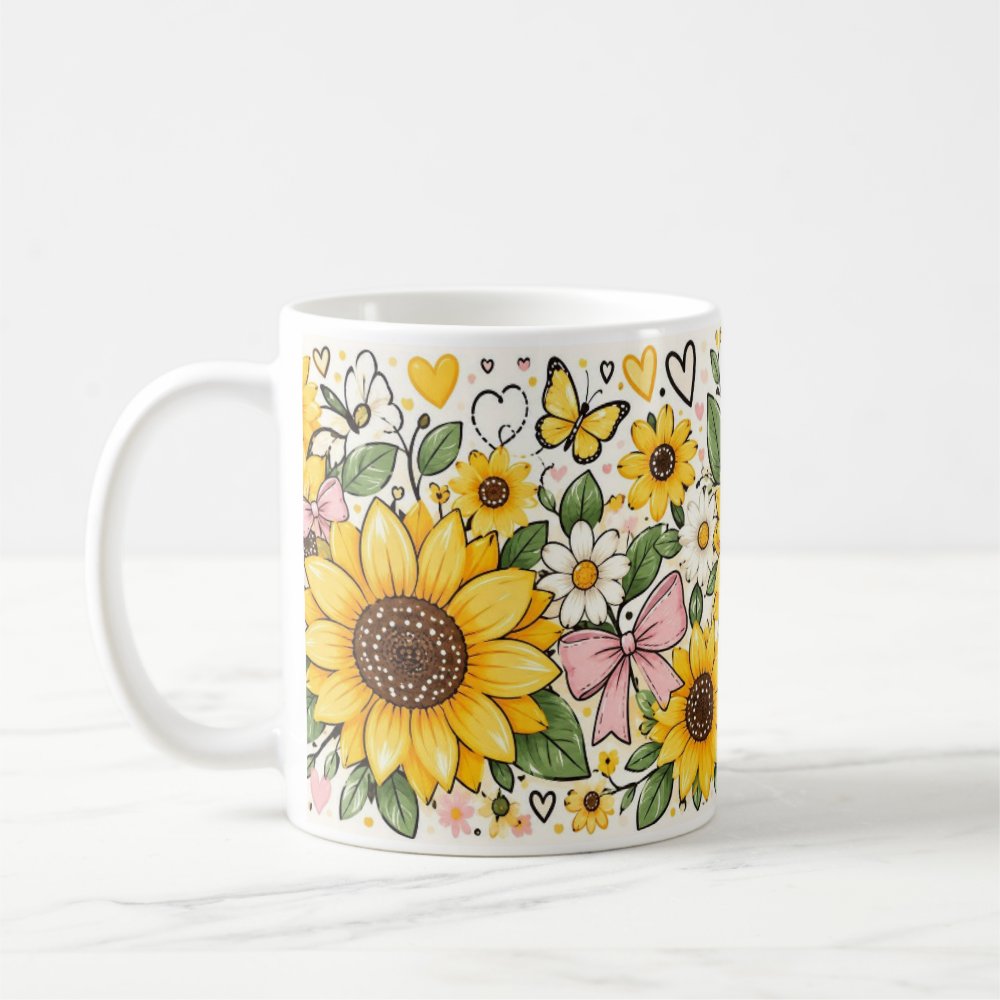 Taza Flores Amarillas 21 de Septiembre Girasoles Mariposa y Moño - 325 ml