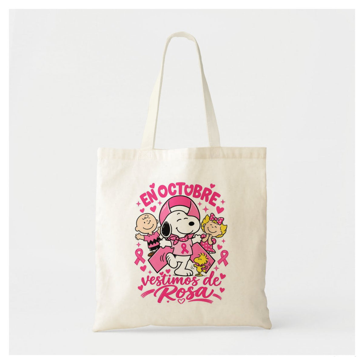 Bolsa tote "En octubre vestimos de rosa" con diseño de Snoopy y sus amigos - 35x40 cm