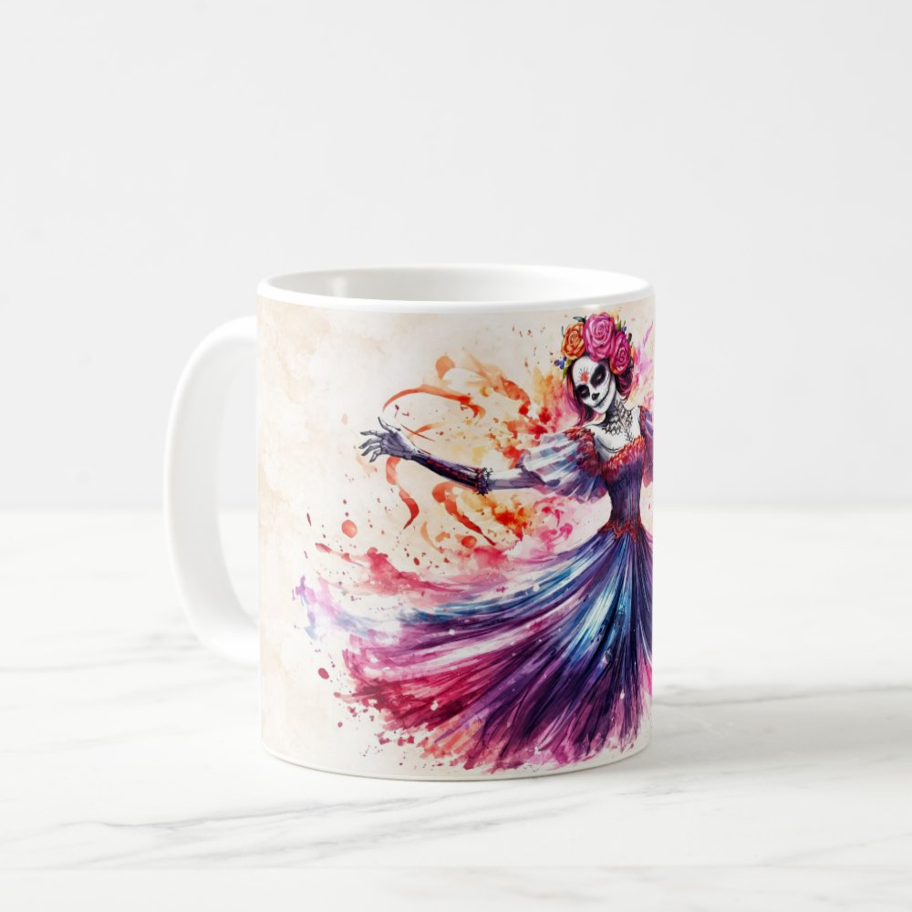 Taza Catrina Danzante Acuarela Día de Muertos Cerámica - 325ml