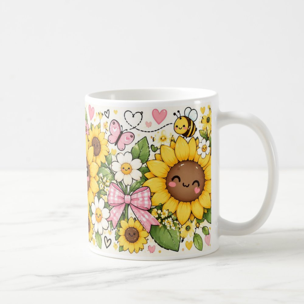 Taza Flores Amarillas 21 de Septiembre Girasoles Kawaii y Mariposa - 325 ml