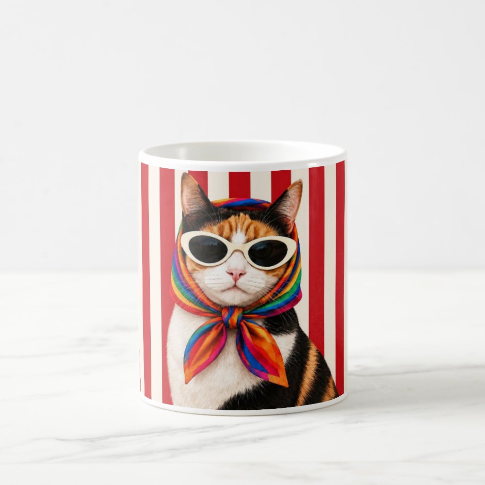 Taza Gato Fashionista Con Lentes Y Pañueleta Retro - 325ml