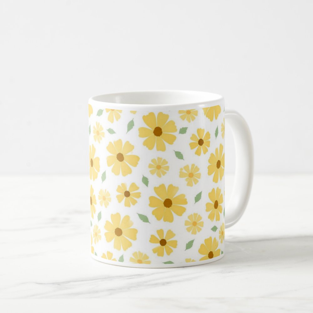 Taza Flores Amarillas 21 de Septiembre Patrón Floreado Estilo Acuarela