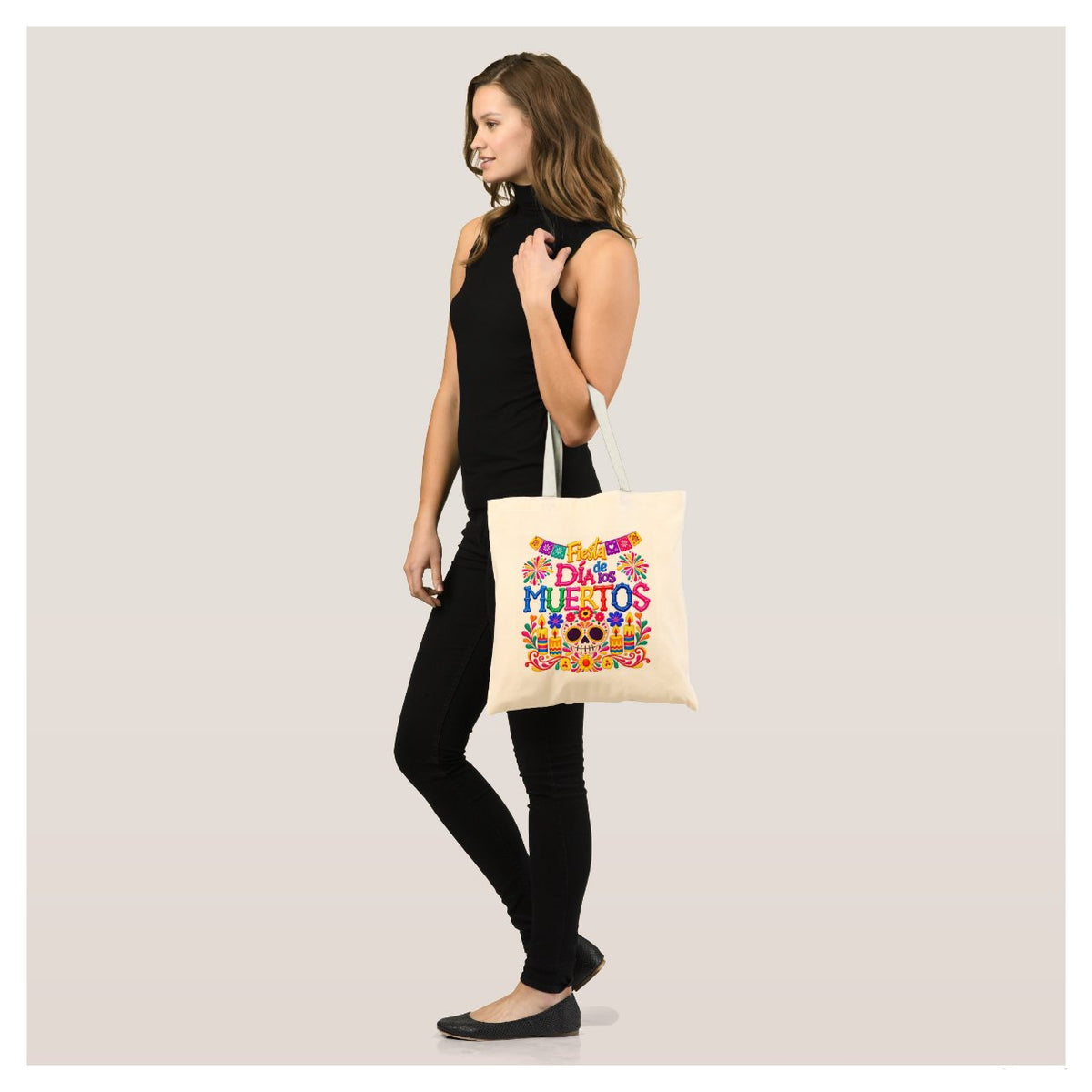 Bolsa tote "Fiesta de Día de Muertos" con diseño colorido de calavera y papel picado - 35x40 cm