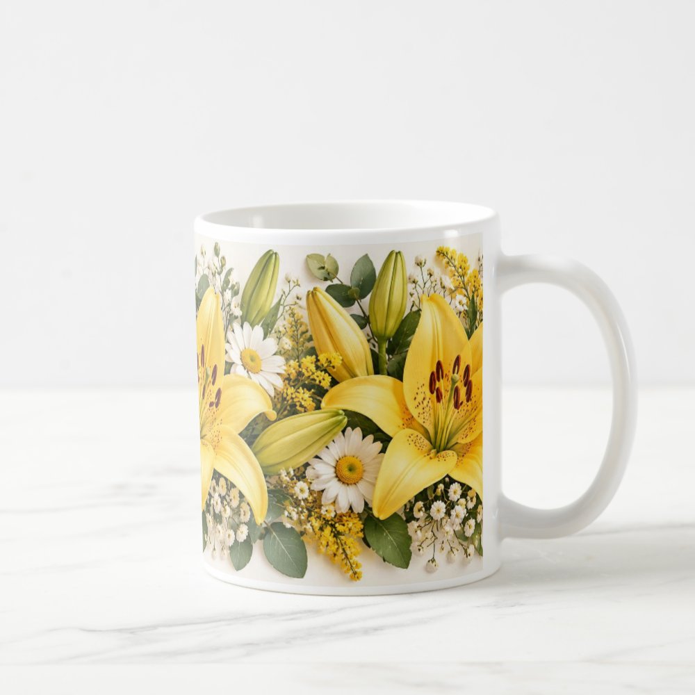 Taza Flores Amarillas 21 de Septiembre Lirios Lisiantus y Eucalipto - 325 ml