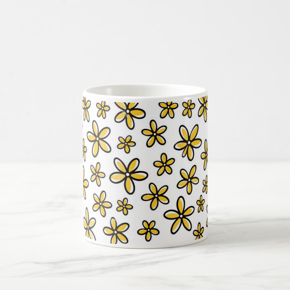 Taza Flores Amarillas 21 de Septiembre Patrón Garabato Flores Minimalistas