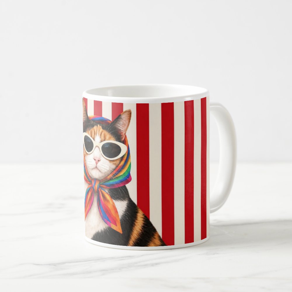 Taza Gato Fashionista Con Lentes Y Pañueleta Retro - 325ml