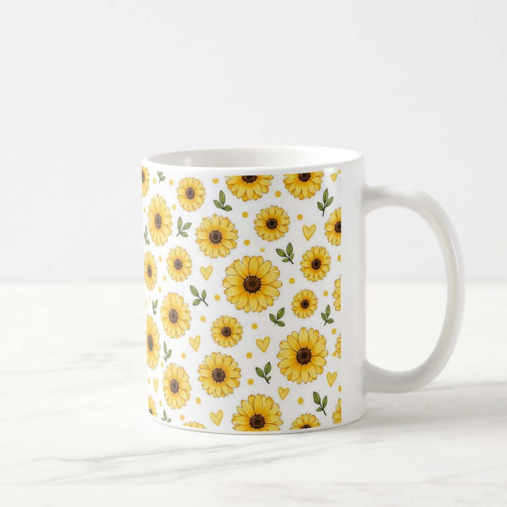 Taza Flores Amarillas 21 de Septiembre Patrón de Girasoles y Corazones
