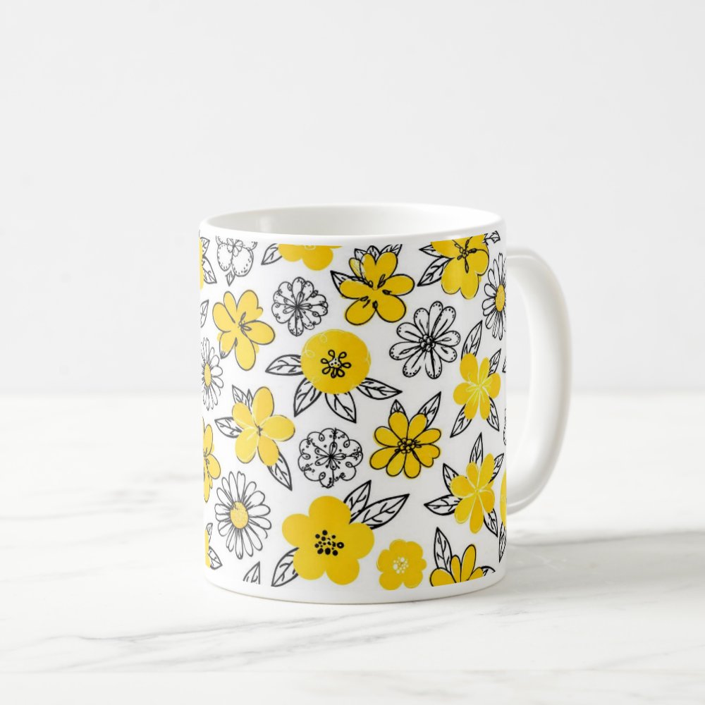 Taza Flores Amarillas 21 de Septiembre Ilustración Garabato Botánico - 325 ml