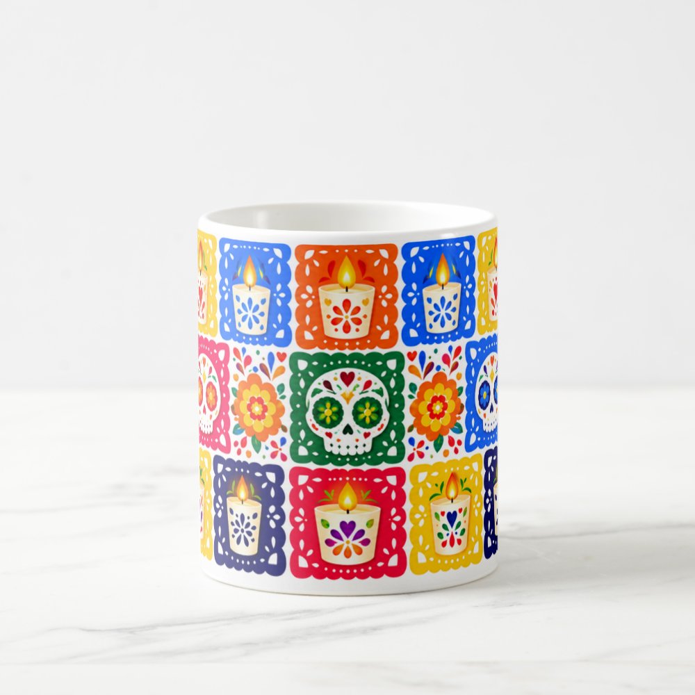 Taza Papel Picado Velas y Calaveritas Día de Muertos 325ml