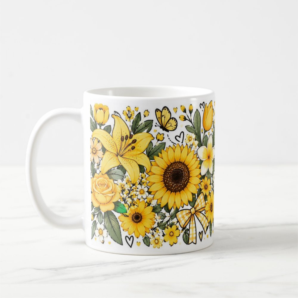 Taza Flores Amarillas 21 de Septiembre Rosas Tulipanes y Mariposa - 325 ml