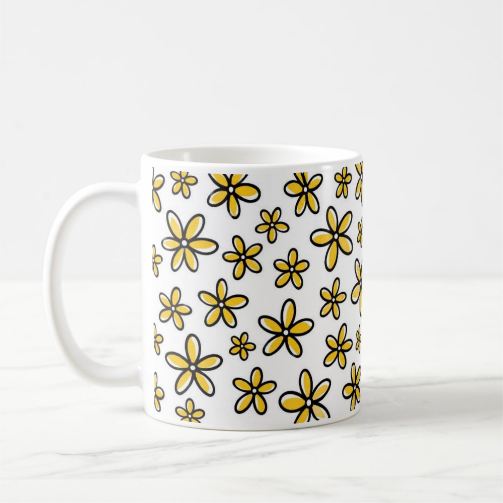 Taza Flores Amarillas 21 de Septiembre Patrón Garabato Flores Minimalistas