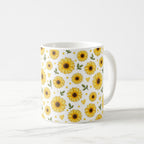 Taza Flores Amarillas 21 de Septiembre Patrón de Girasoles y Corazones