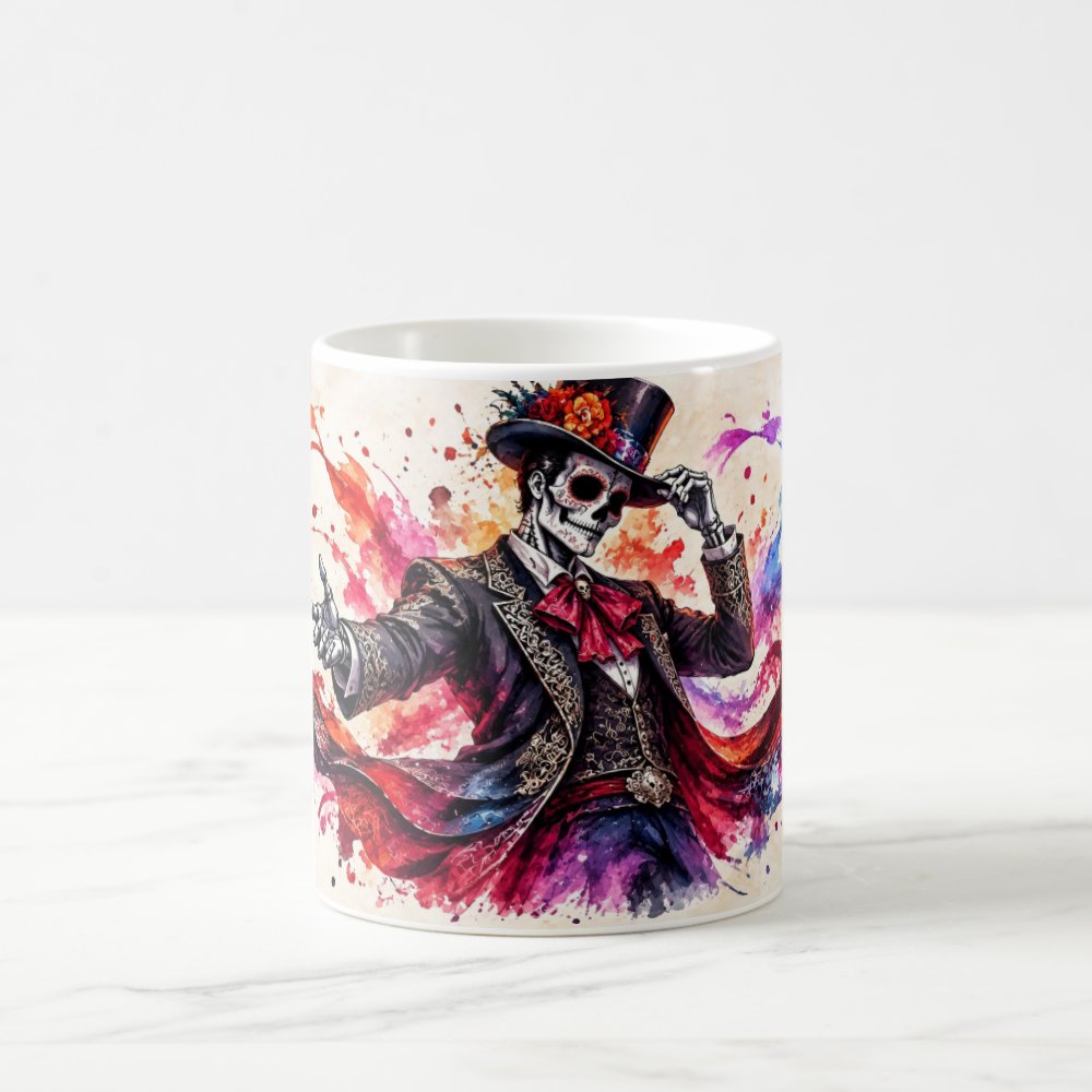 Taza Catrín Elegante Acuarela Día de Muertos Cerámica - 325ml