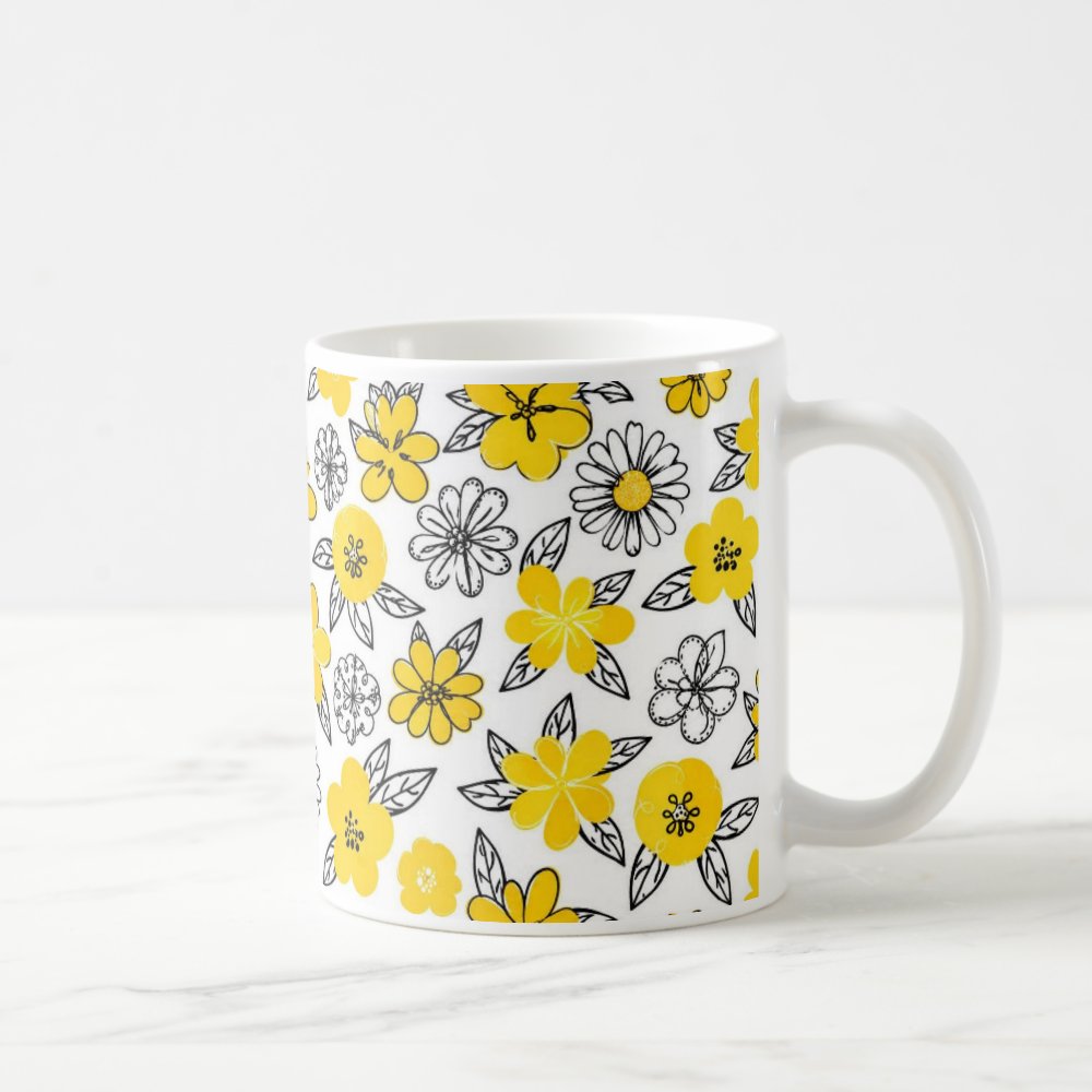 Taza Flores Amarillas 21 de Septiembre Ilustración Garabato Botánico - 325 ml