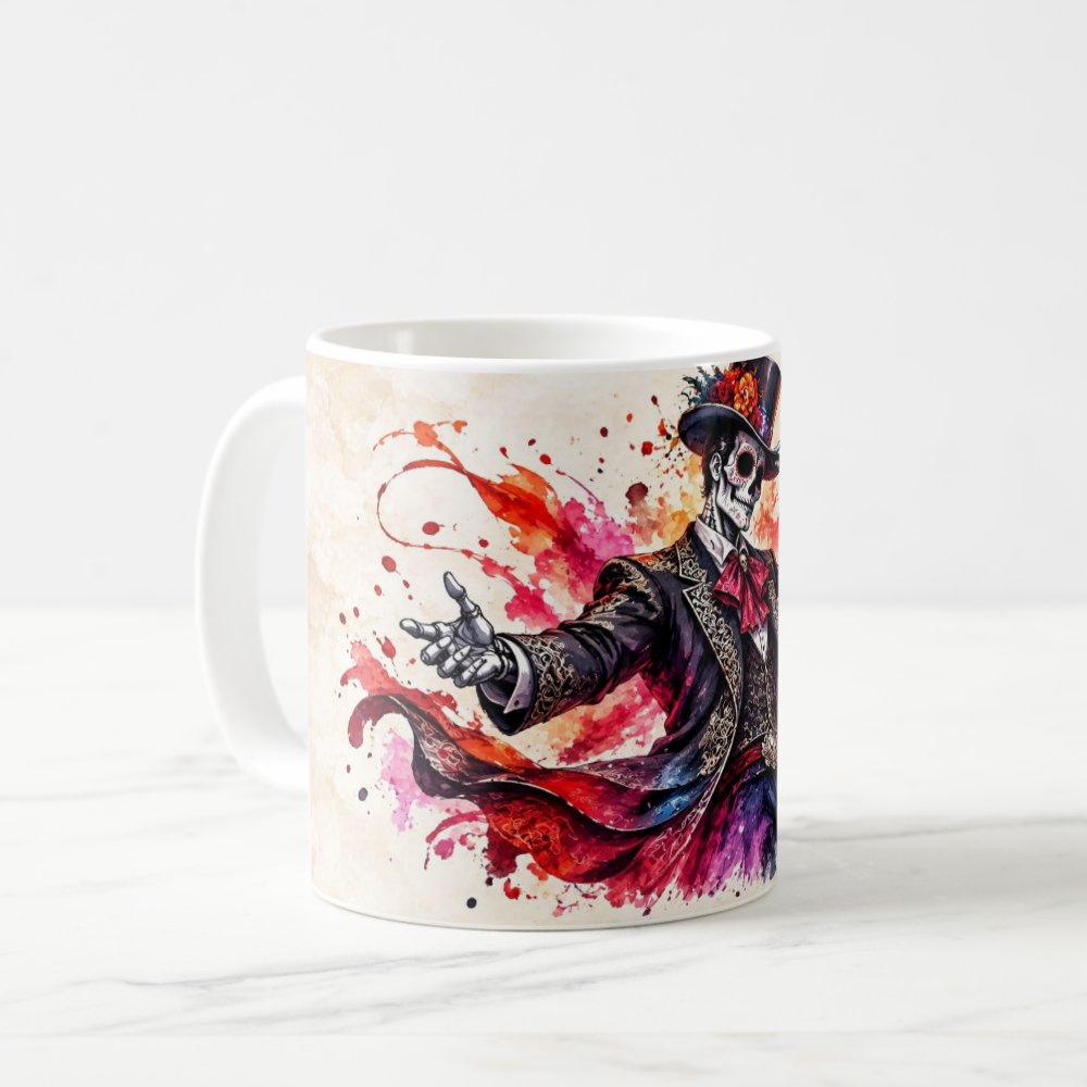 Taza Catrín Elegante Acuarela Día de Muertos Cerámica - 325ml