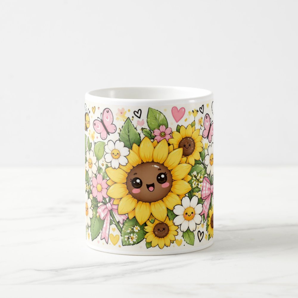Taza Flores Amarillas 21 de Septiembre Girasoles Kawaii y Mariposa - 325 ml