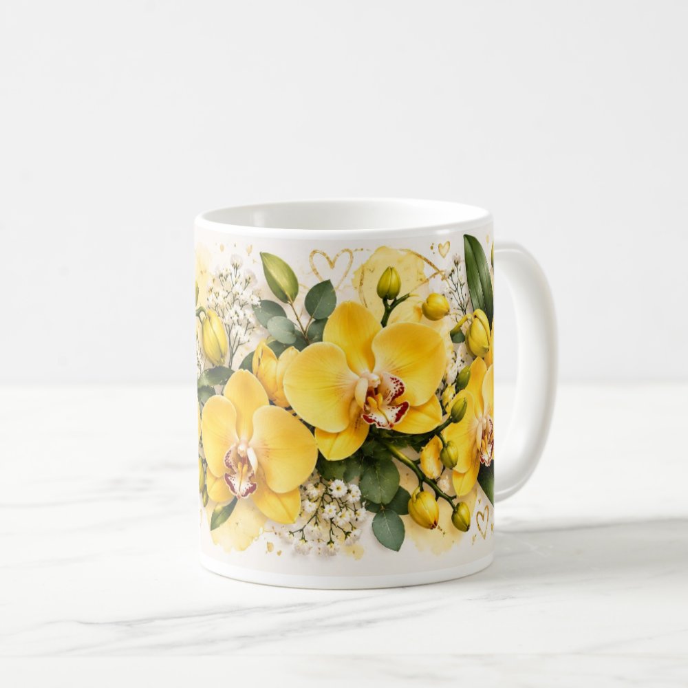 Taza Flores Amarillas 21 de Septiembre Orquídeas y Corazones Dorados - 325 ml