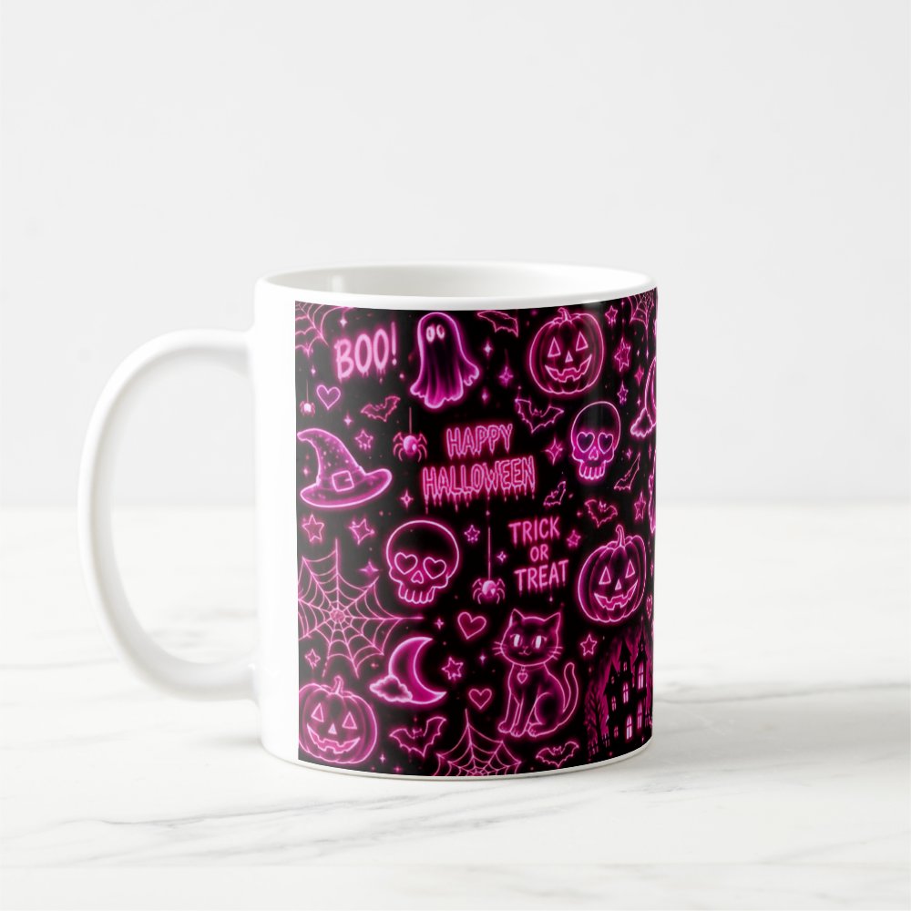 Taza Halloween Neón Rosa Patrón Espeluznante Cerámica - 325ml