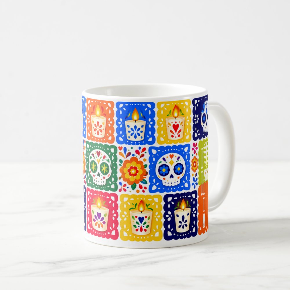 Taza Papel Picado Velas y Calaveritas Día de Muertos 325ml