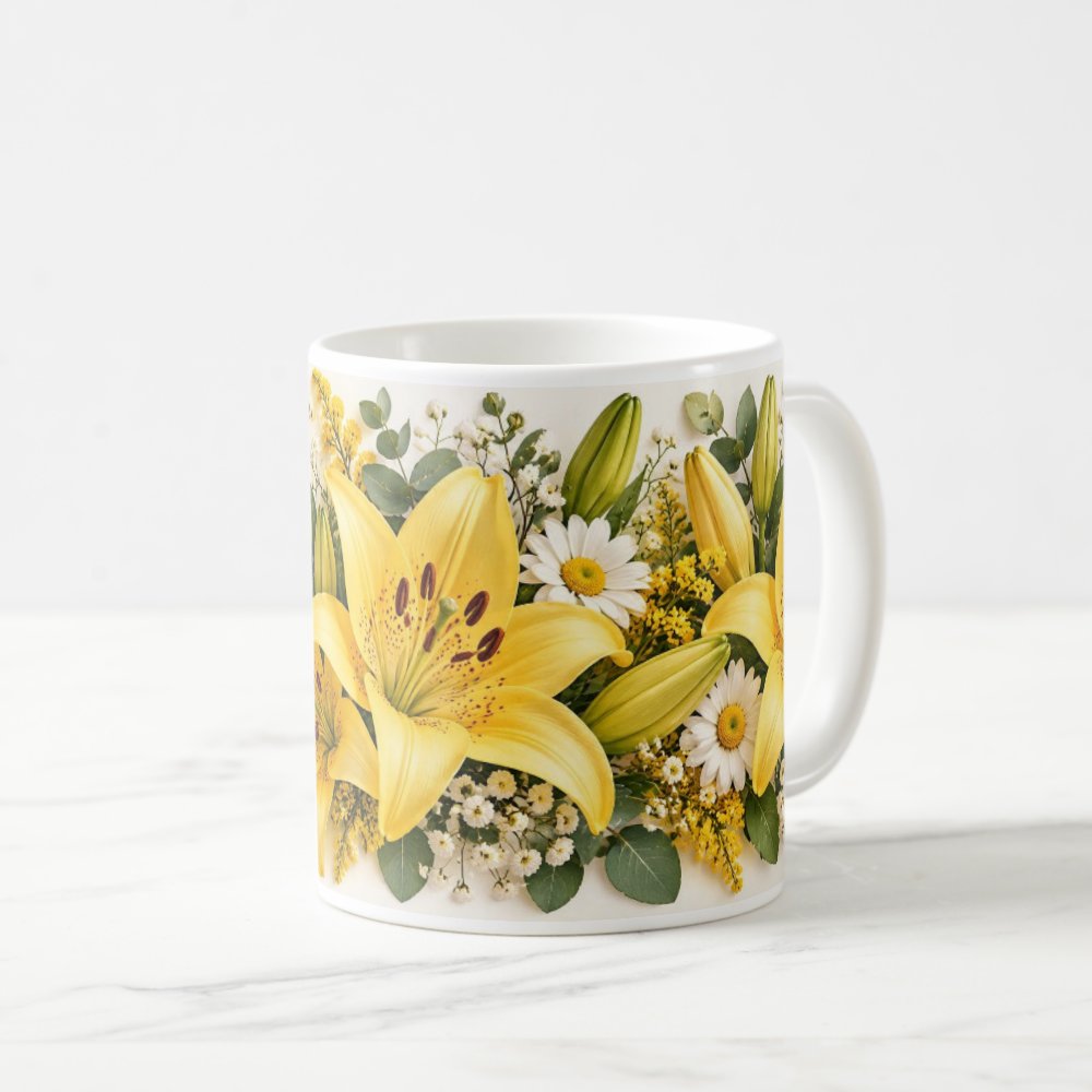 Taza Flores Amarillas 21 de Septiembre Lirios Lisiantus y Eucalipto - 325 ml