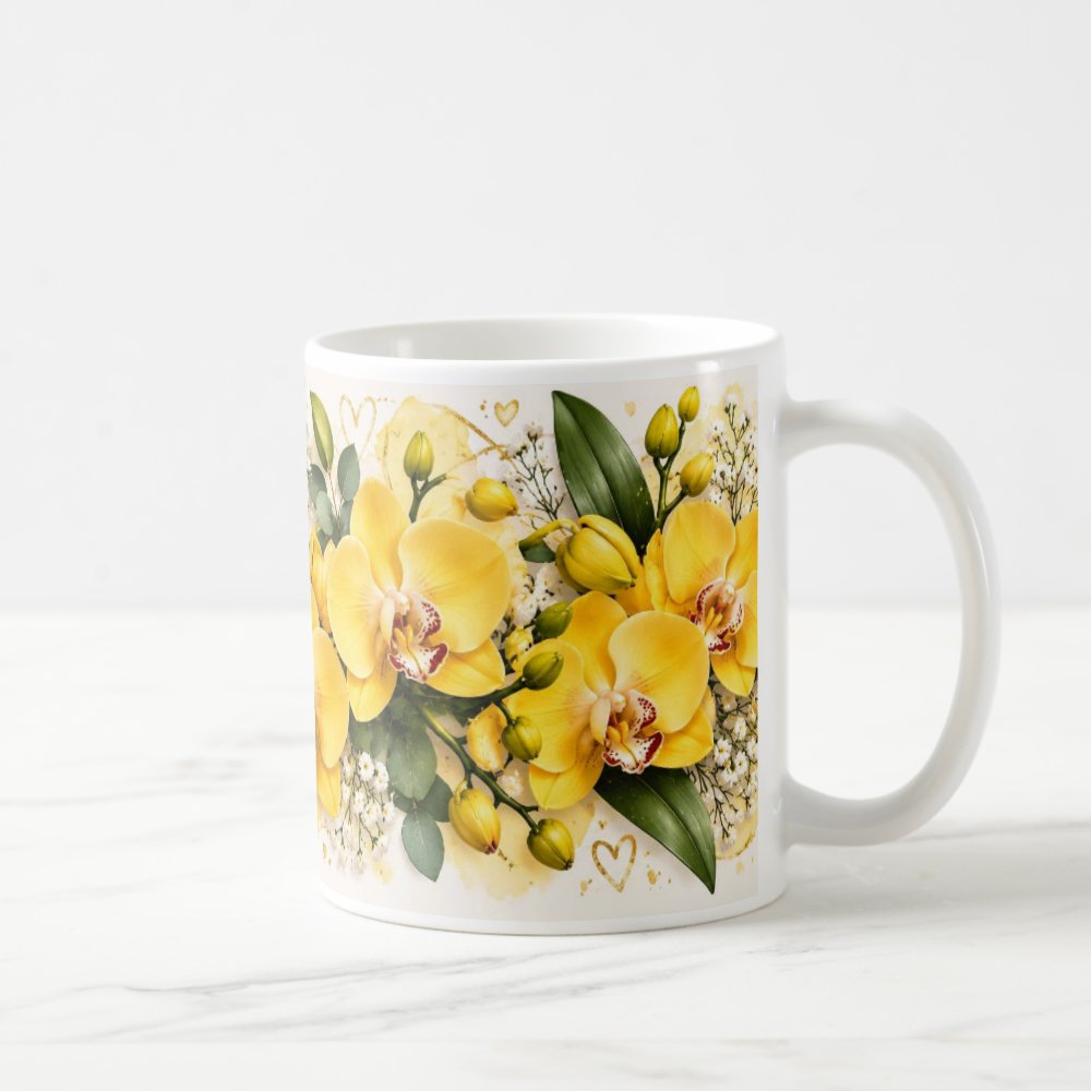 Taza Flores Amarillas 21 de Septiembre Orquídeas y Corazones Dorados - 325 ml