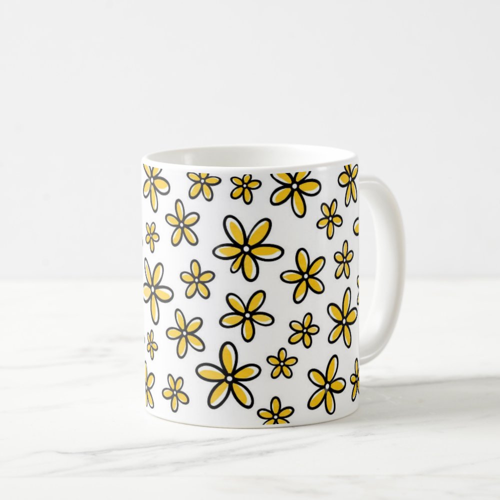 Taza Flores Amarillas 21 de Septiembre Patrón Garabato Flores Minimalistas