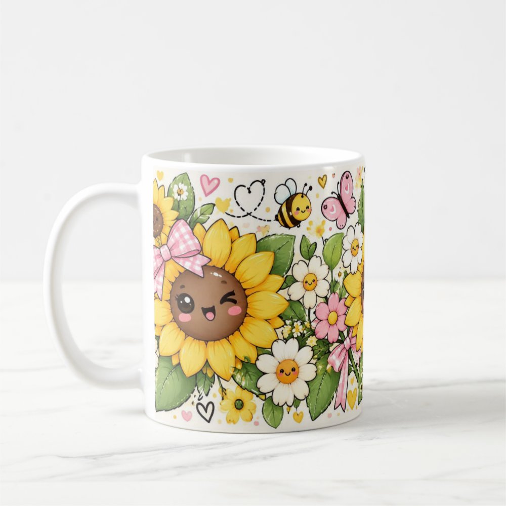 Taza Flores Amarillas 21 de Septiembre Girasoles Kawaii y Mariposa - 325 ml